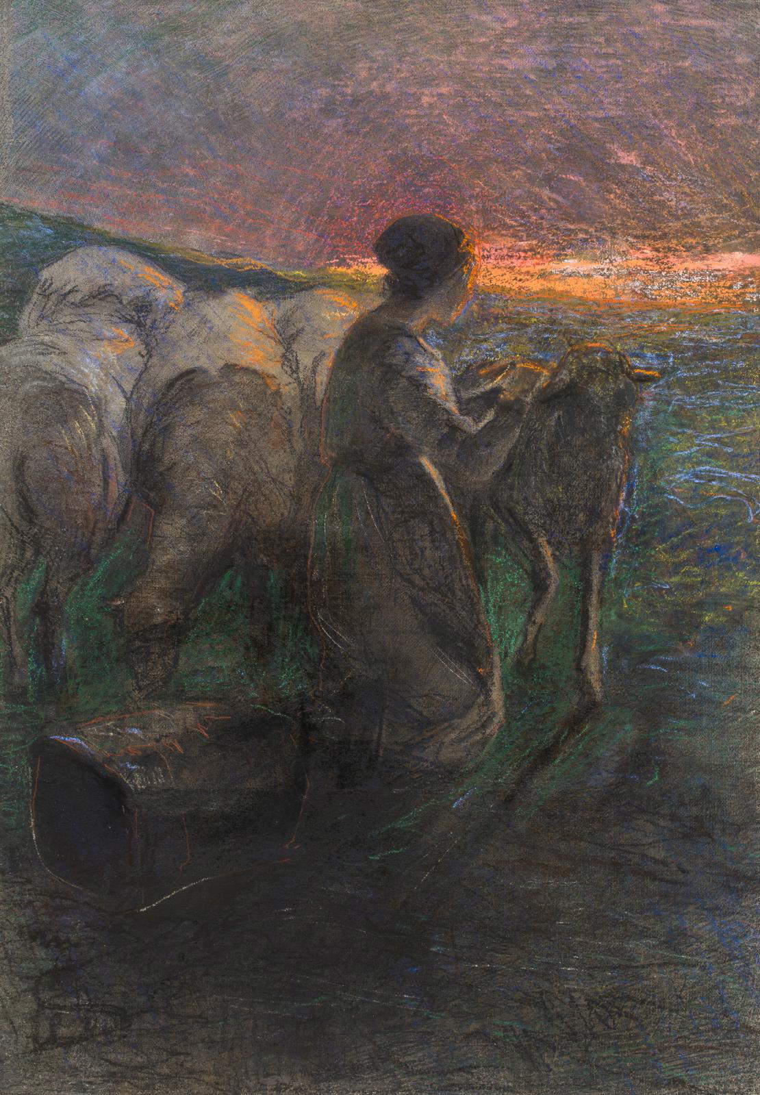 Giovanni Segantini, Pastorella alla fonte (1886-1888; olio e pastello su tela, applicata su cartone, 450 × 335 mm Collezione privata)