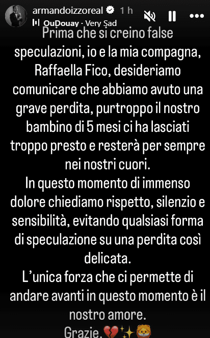 Raffaella Fico e Armando Izzo «Il nostro bambino di 5 mesi ci ha lasciati troppo presto resterà per sempre nei nostri cuori»