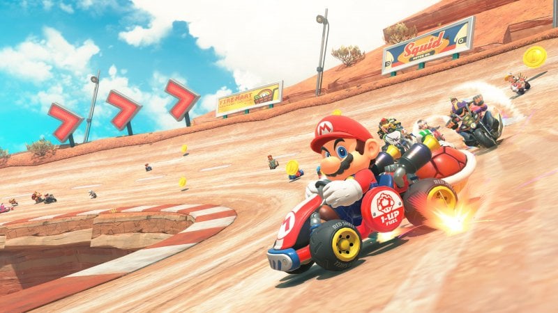 Mario sfreccia su una delle piste di Mario Kart World