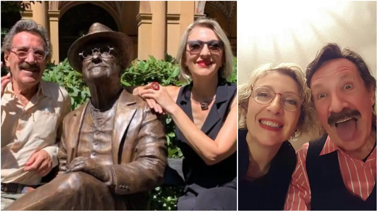 Simona Ragazzi insieme al padre Cesare: al centro la statua di Lucio Dalla, realizzata da Simona con l’artista Antonello Paladino (foto di sinistra)