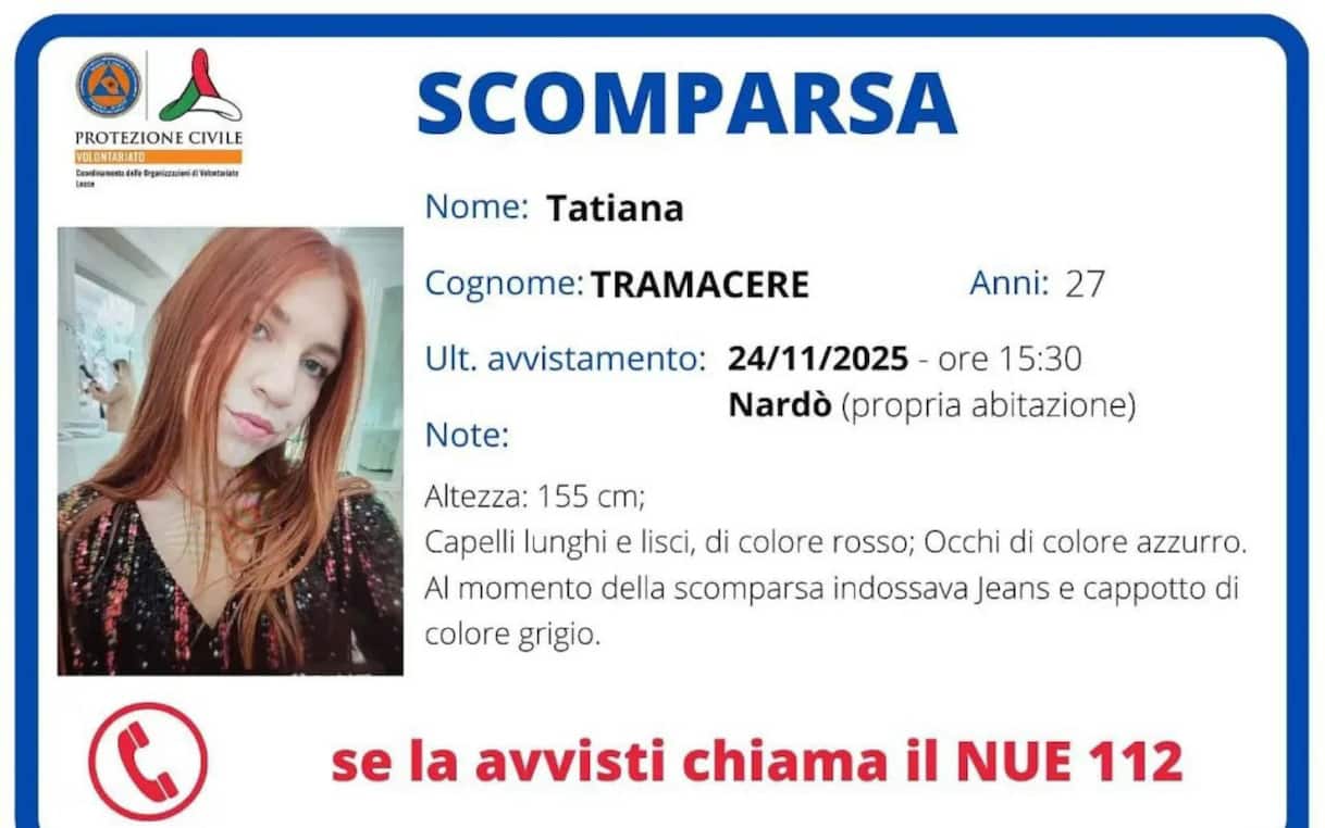 Continuano le ricerche di Tatiana Tramacere, la 27enne di Nardò scomparsa in Puglia