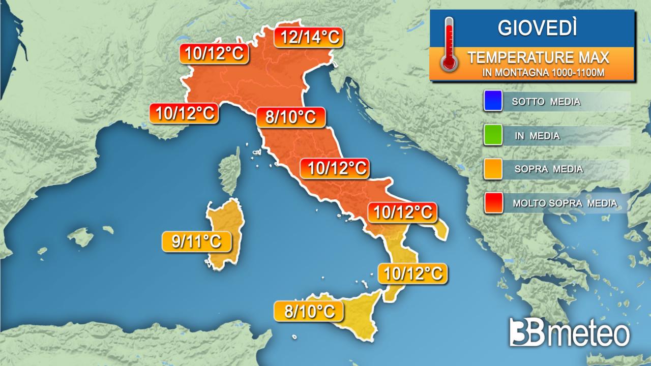 Temperature massime giovedì in montagna