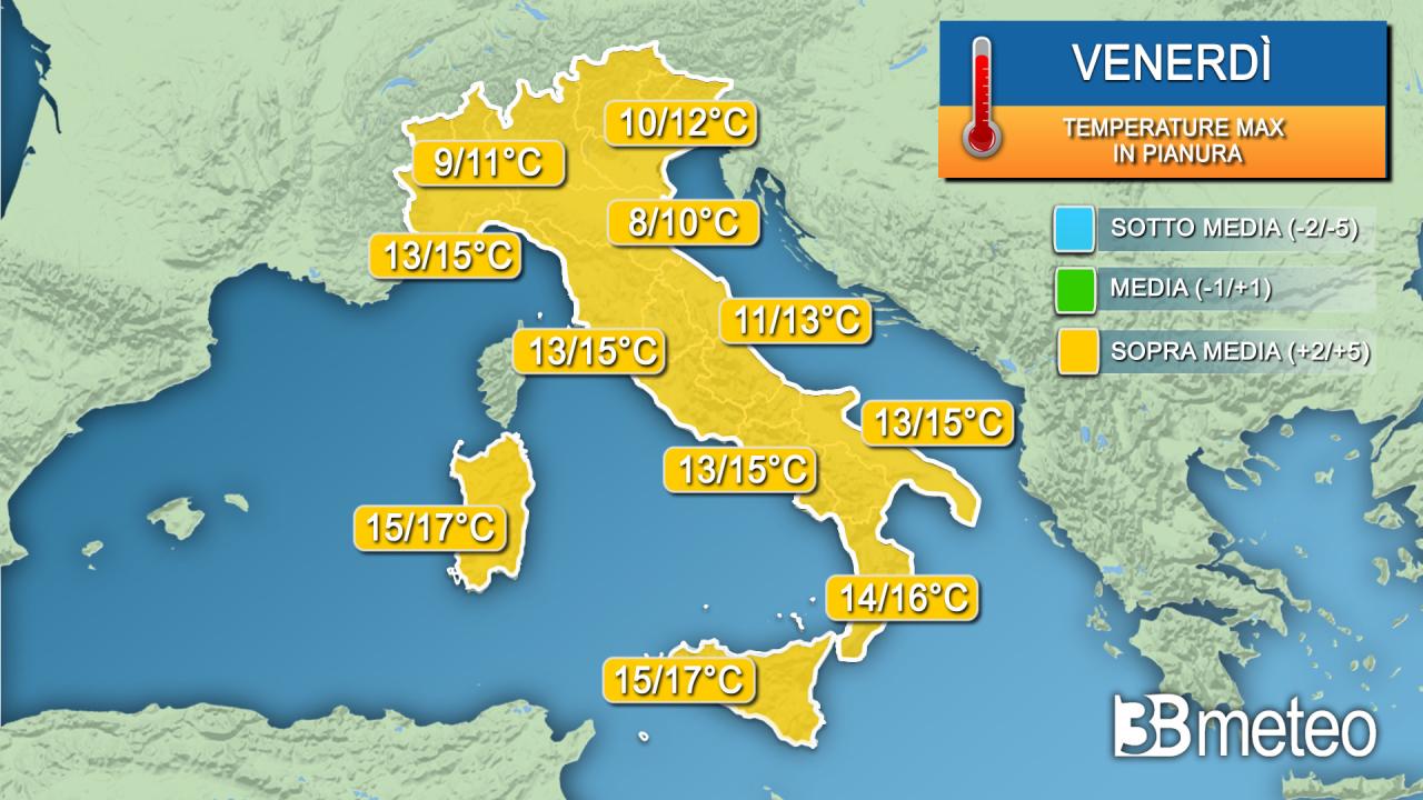 Temperature massime venerdì