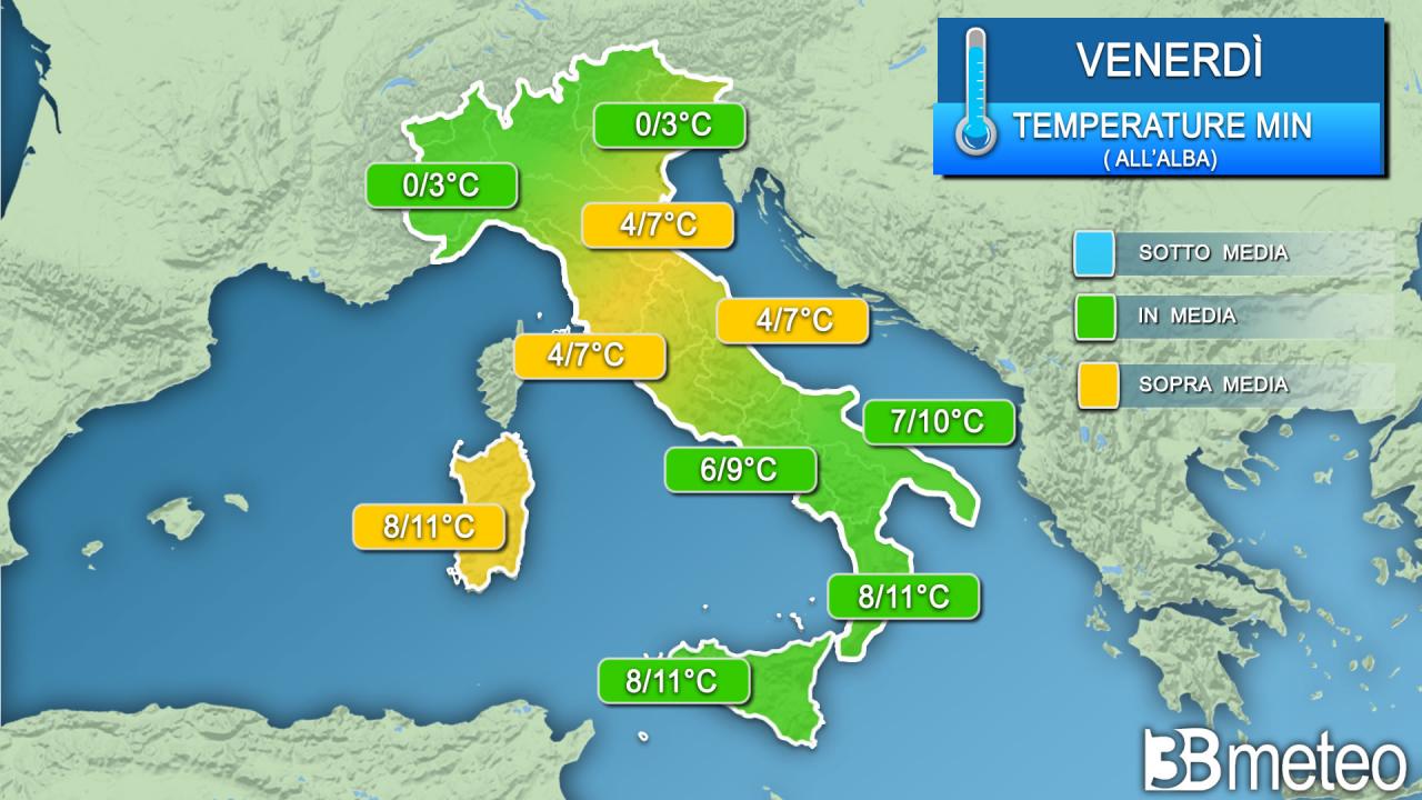 Temperature minime venerdì