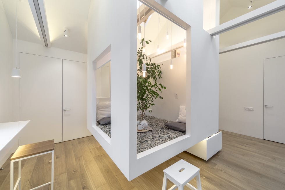 mini-casa-con-albero modern living space with a unique indoor nook