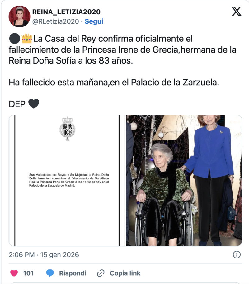 annuncio morte Regina di Grecia