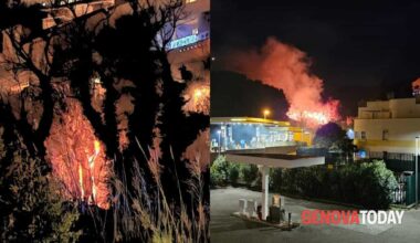 Incendio vicino alle case, vigili del fuoco sul posto e strada chiusa
