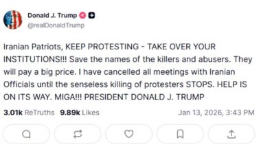 Proteste in Iran, le notizie in diretta | Trump ai manifestanti: «L'aiuto è in arrivo, continuate la protesta». Mosca: «Minacce inaccettabili». Media: «12 mila morti. Domani giustiziato un 26enne». Tajani: «Convocato l'ambasciatore iraniano»