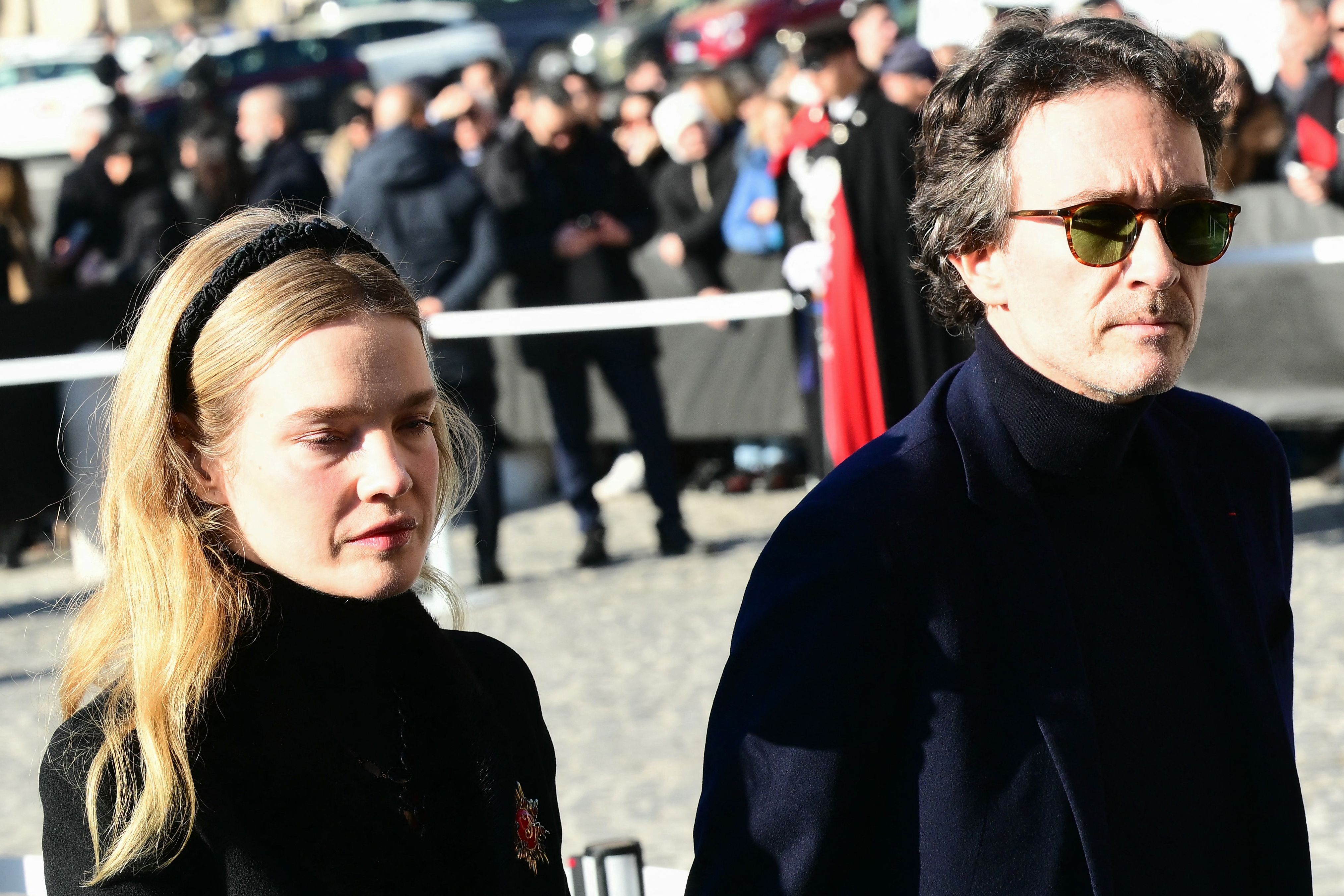 Russian model Natalia Vodianova (L) and Vice-Chairman and CEO of Christian Dior SE Antoine Arnault arrive at the funeral ceremony for the late Italian fashion designer Valentino Gavarani at the Basilic of Santa Maria degli Angeli e dei Martiri, in...