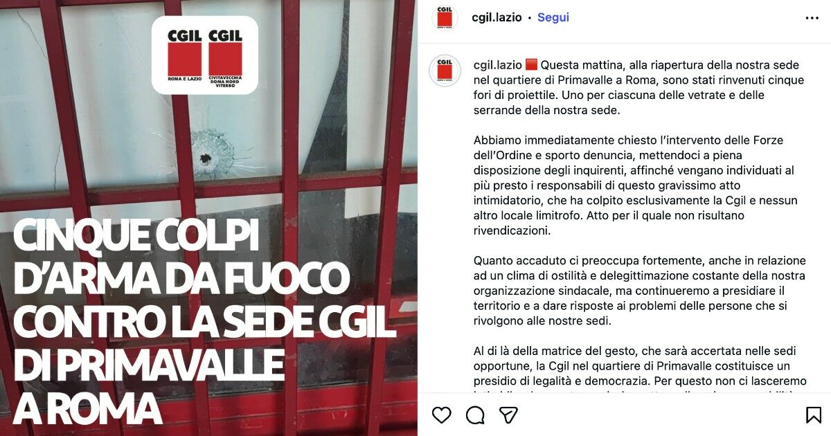 Colpi di arma da fuoco contro sede Cgil Primavalle: trovati cinque fori | Il Fatto Quotidiano