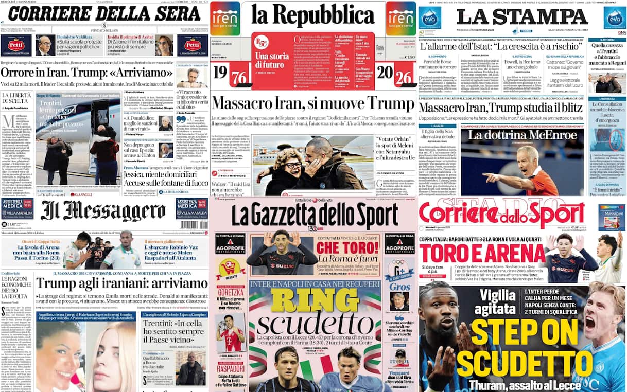 Le prime pagine dei quotidiani di oggi 14 gennaio: la rassegna stampa