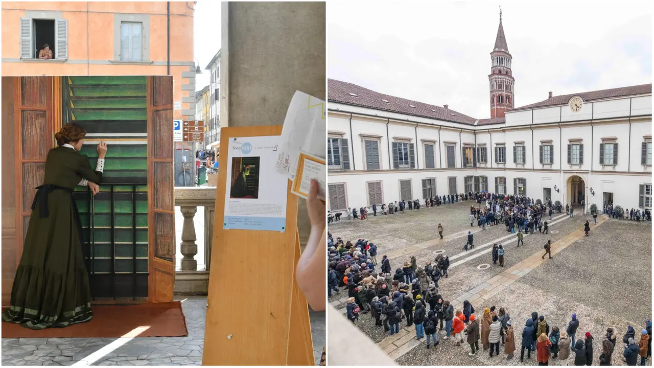 Da sinistra: ‘Curiosità’ riprodotto in forma di ‘quadro vivente’ alle feste dell’800 nel paese di Lega, Modigliana (foto Salieri); il cortile interno del prestigioso Palazzo Ducale di Milano