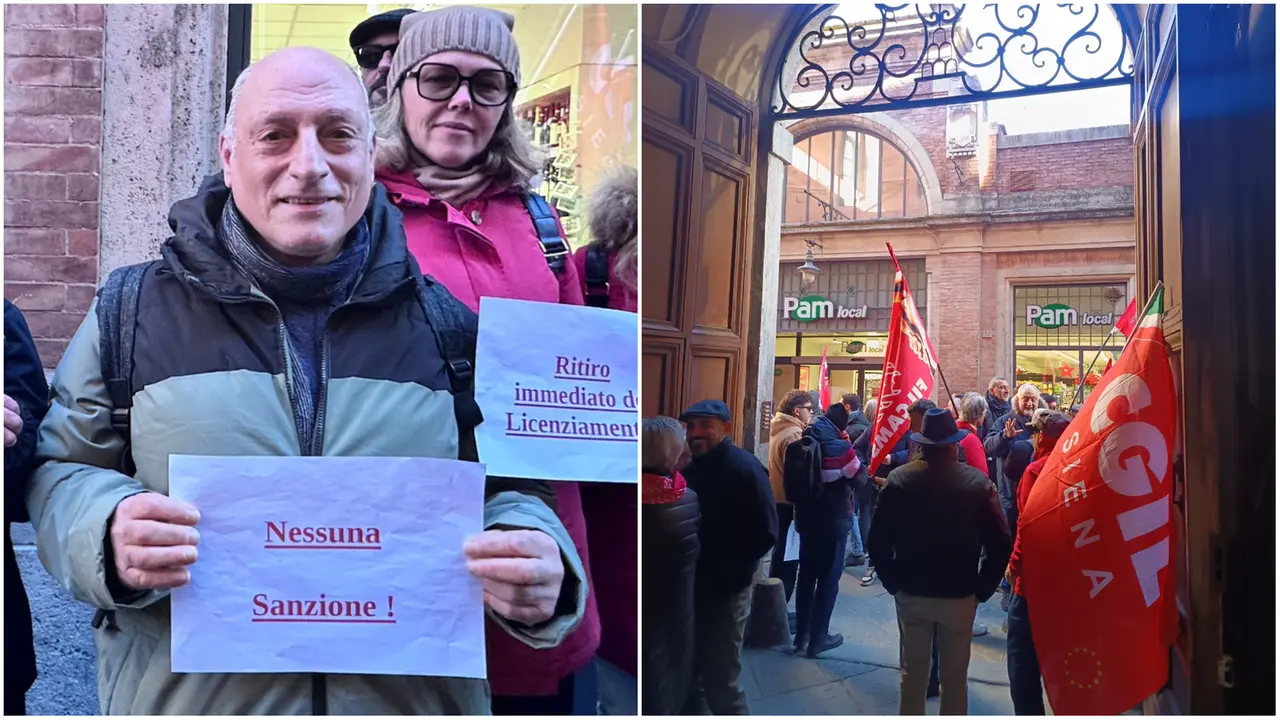 Fabio Giomi, il cassiere licenziato dopo il test del carrello. Presidio davanti al Tribunale di Siena, che si trova proprio di fronte a una Pam locale (Foto Fabio Di Pietro)