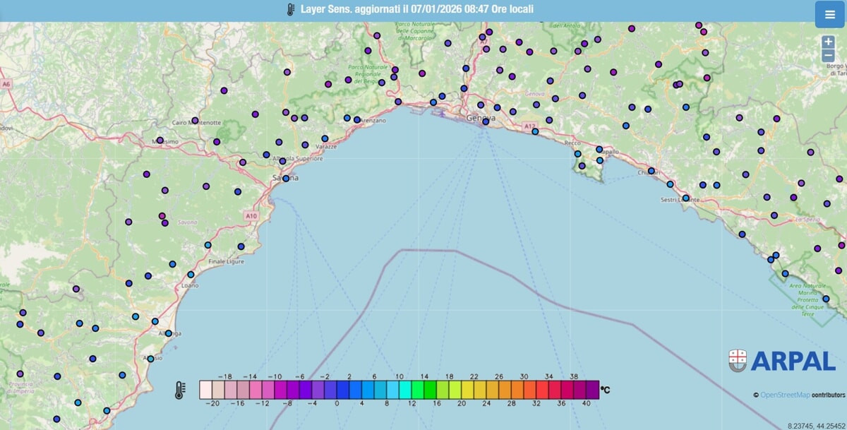 Freddo a Genova e in Liguria - la mappa di Arpal
