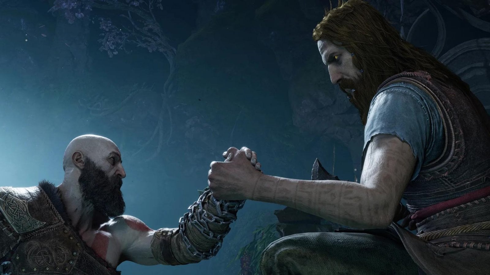 Kratos e Tir in god of war che si stringono la mano