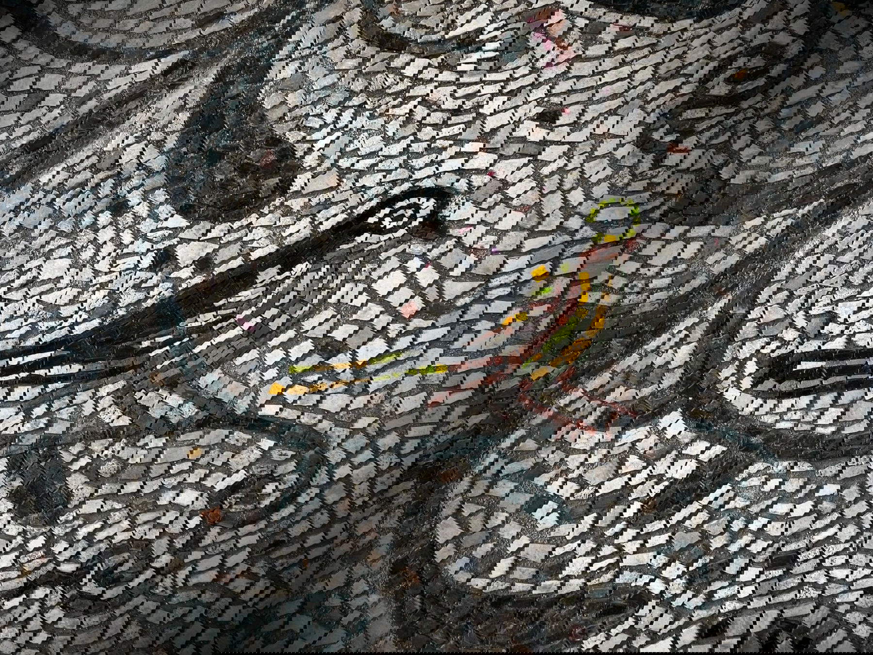 Il Pavimento, Uccellino Giallo, dettaglio del mosaico. Foto: Nicola Montalbini