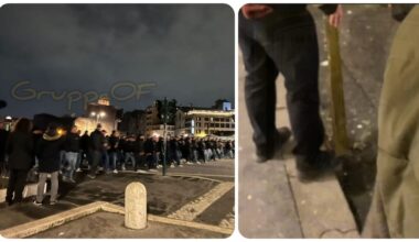 in cento con i volti coperti a caccia di tifosi dello Stoccarda per le strade di Trastevere