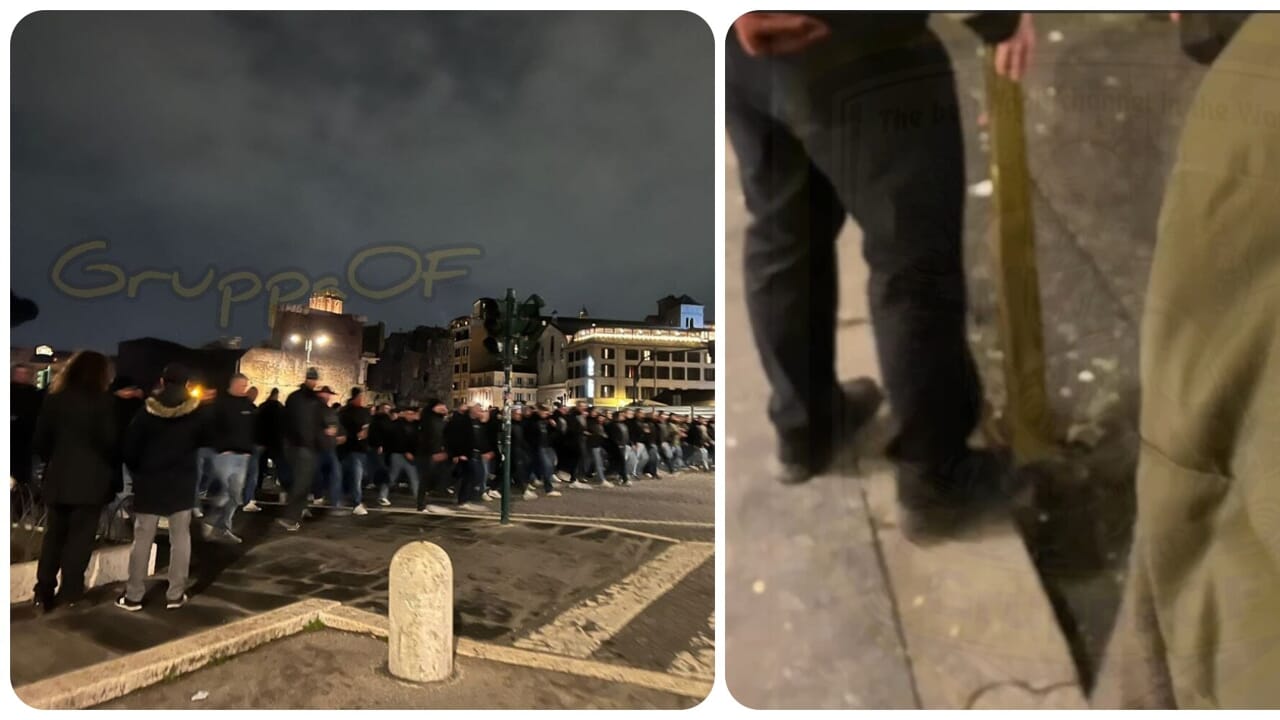 in cento con i volti coperti a caccia di tifosi dello Stoccarda per le strade di Trastevere