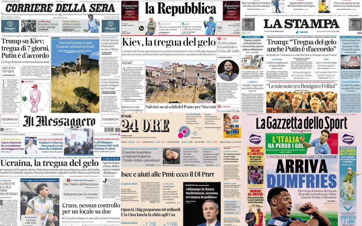Le prime pagine dei quotidiani di oggi 30 gennaio: la rassegna stampa