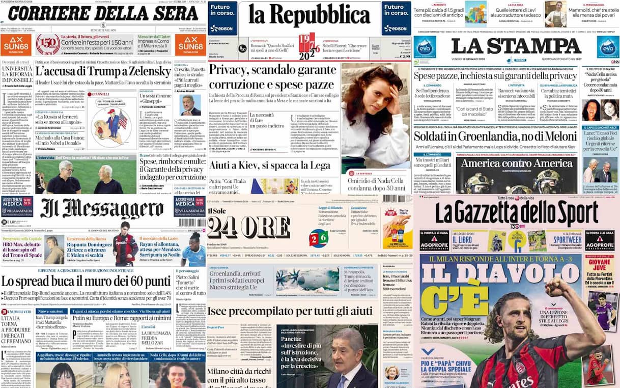 Le prime pagine dei quotidiani di oggi 16 gennaio: la rassegna stampa