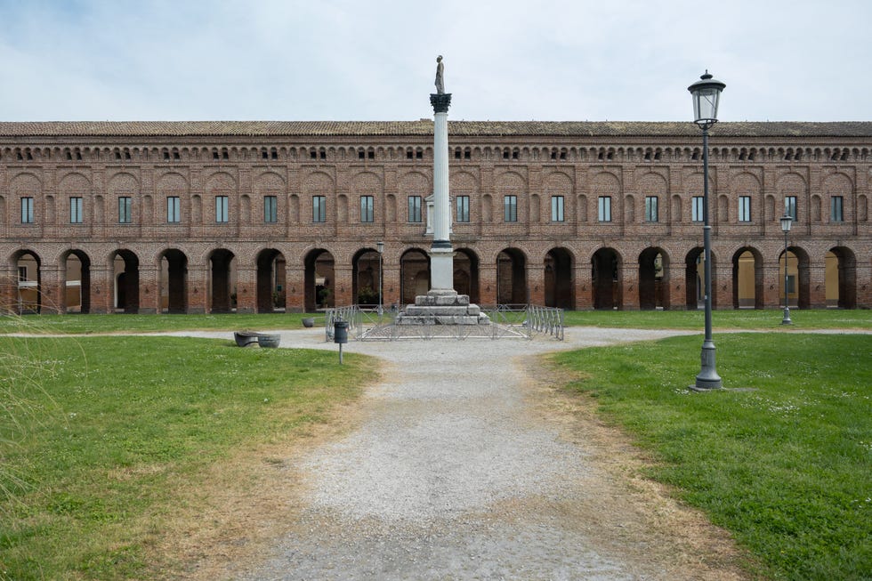 the galleria degli antichi or corridor grande and minerva statue column in sabbioneta in the province of mantova, italy