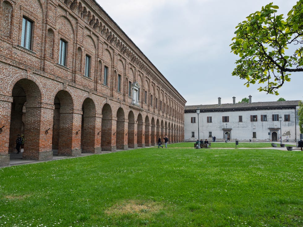 the galleria degli antichi or corridor grande and minerva statue column in sabbioneta in the province of mantova, italy