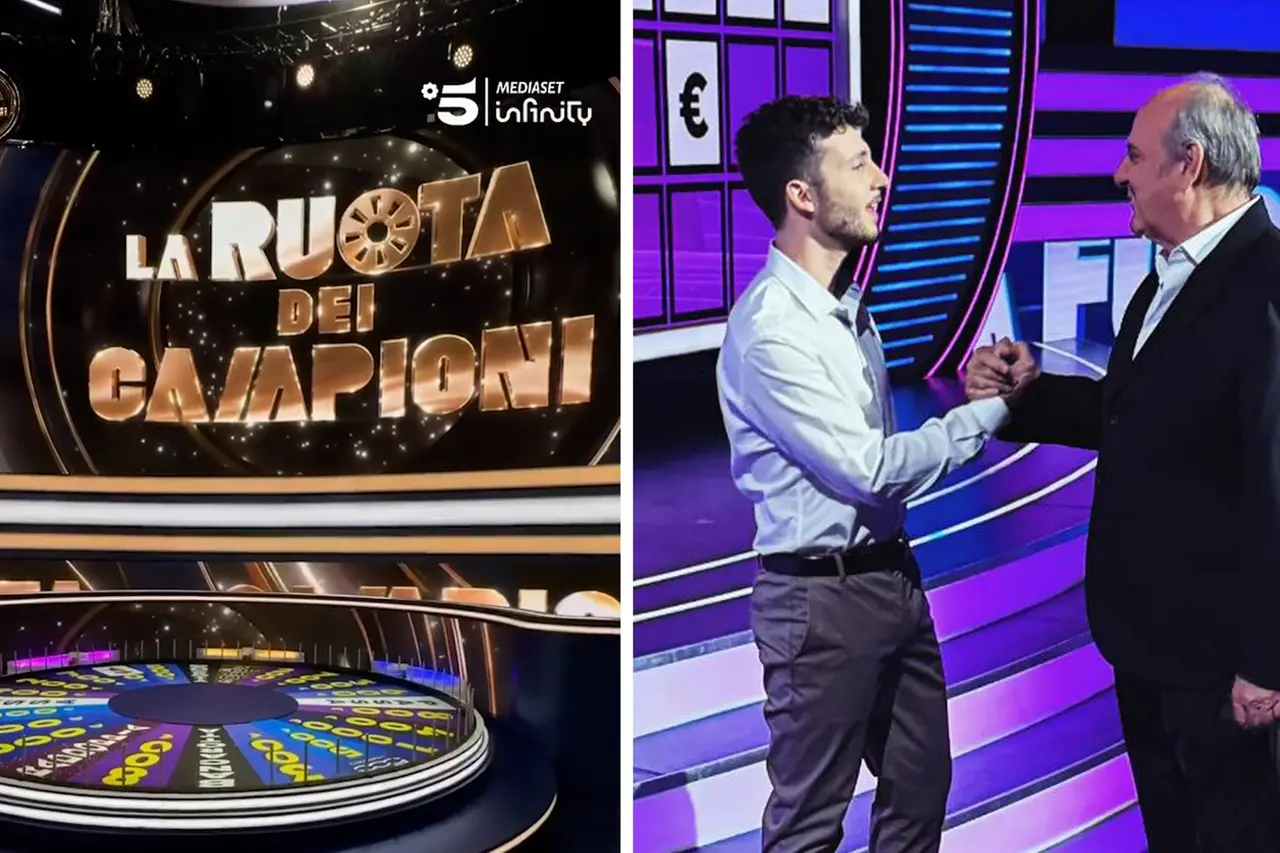 Torna in prima serata la Ruota dei Campioni (screenshot tratti dal video pubblicato sui social ufficiali di Mediaset); a destra, Riccardo Piancatelli con Gerry Scotti (Instagram)