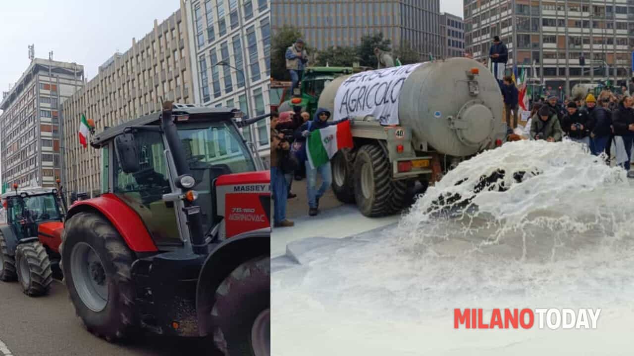 Trattori per le vie di Milano e latte versato sotto al Pirellone: la protesta degli agricoltori