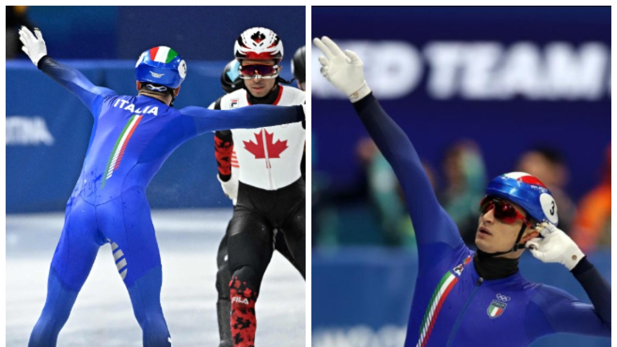 L’esultanza «sbruffoncella» del pattinatore Pietro Sighel, oro nello short track: al traguardo di spalle, la mano all'orecchio verso il forum. «L'ho fatto per gasare il pubblico»
