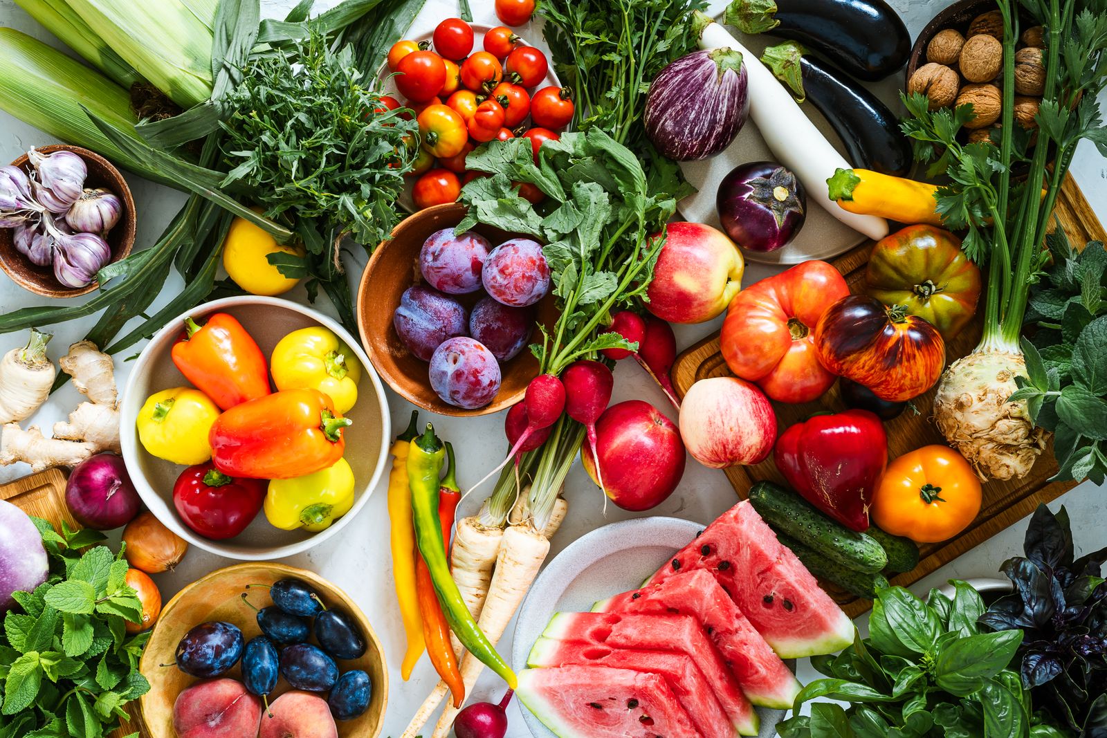 Fresh homegrown vegetables and fruits summer colofrul harvest still life local farmer produce organic food directly above
