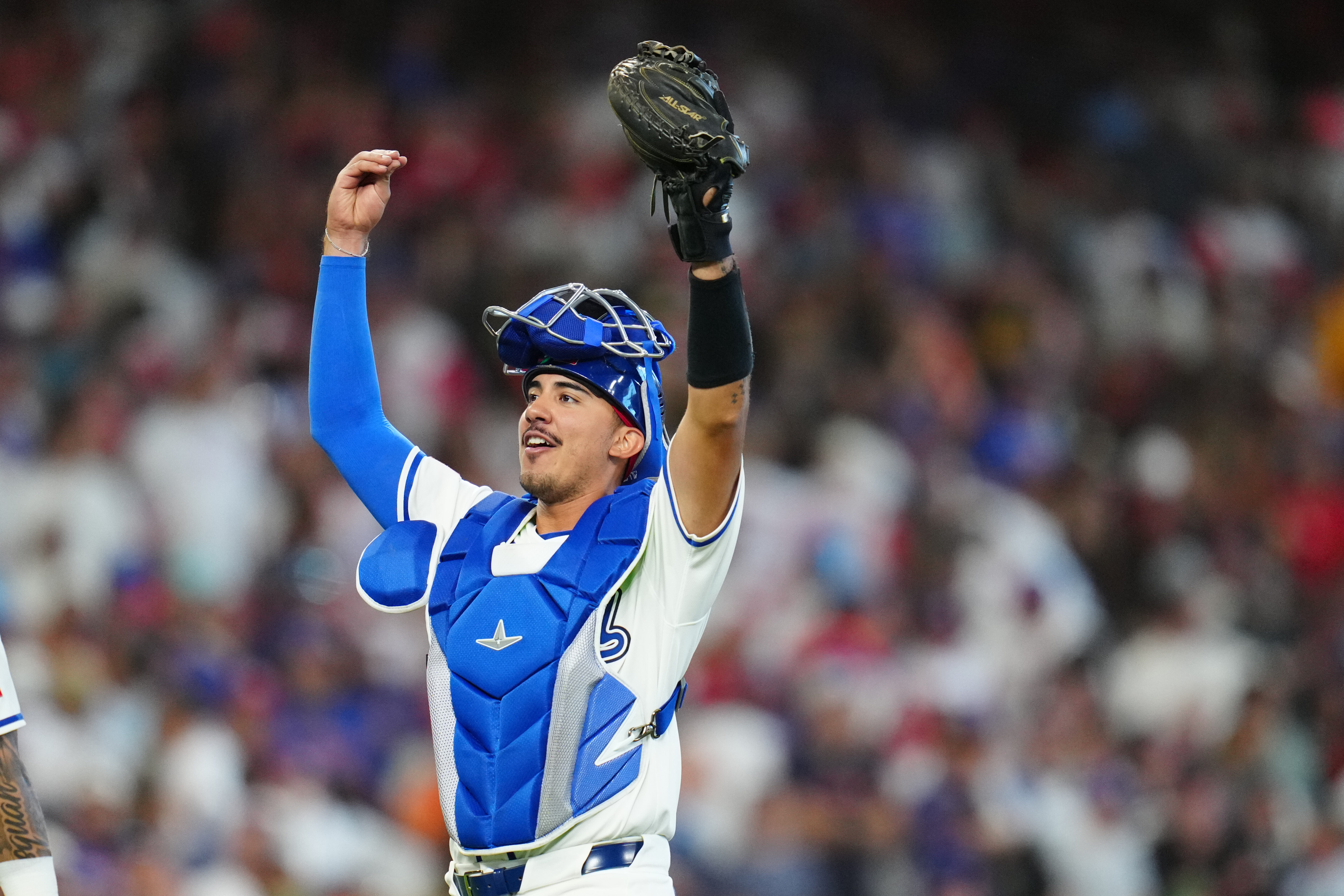 Italy catcher JJ D'Orazio celebrates a victory over Puerto Rico following a World Baseball Classic quarterfinal game, Saturday, March 14, 2026, in Houston. (AP Photo/Karen Warren)