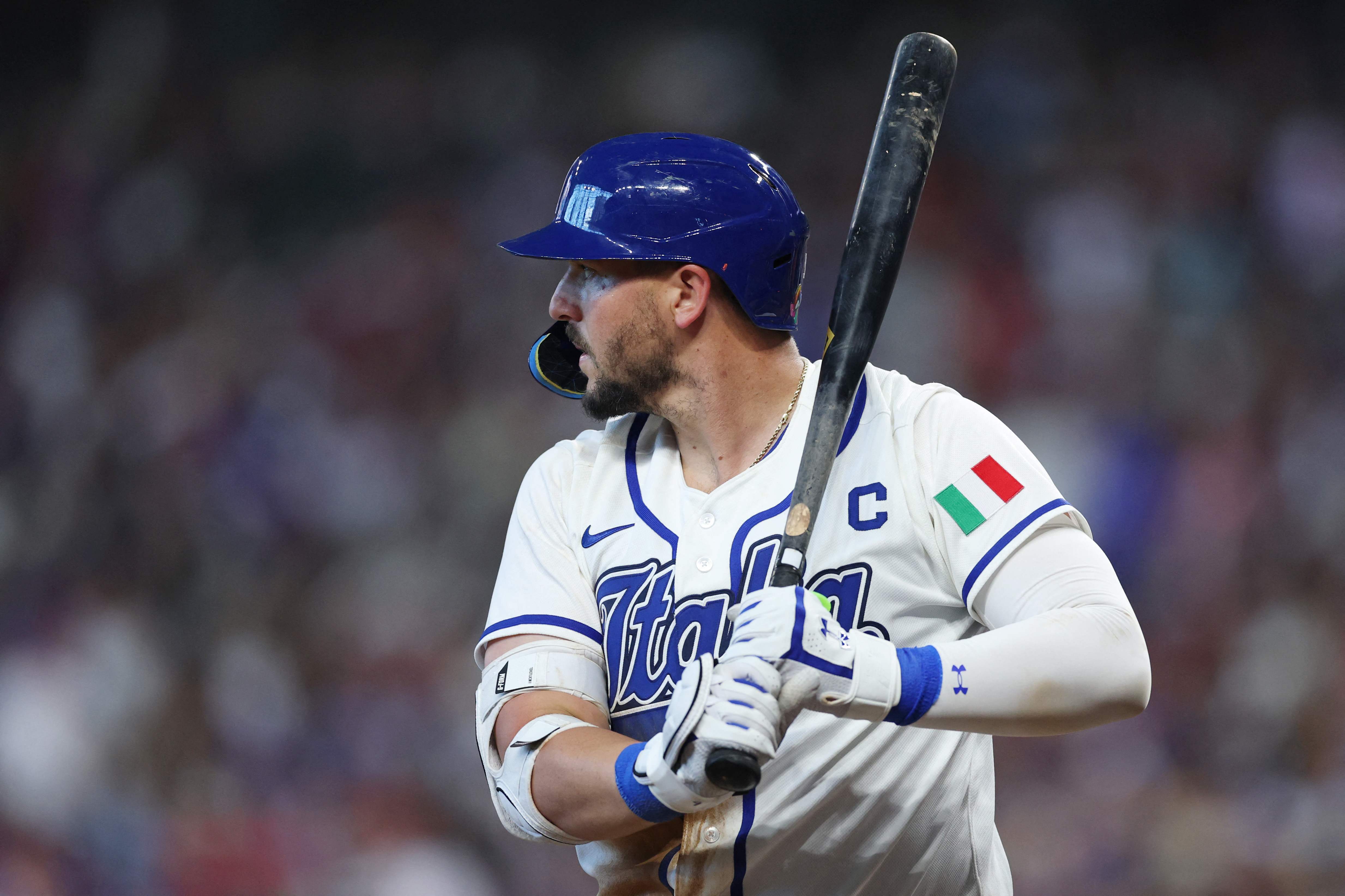 HOUSTON, TEXAS - MARCH 14: Vinnie Pasquantino #9 of Team Italy takes an at bat against Team Puerto Rico in the sixth inning at Daikin Park on March 14, 2026 in Houston, Texas. Kenneth Richmond/Getty Images/AFP (Photo by Kenneth Richmond / GETTY ...