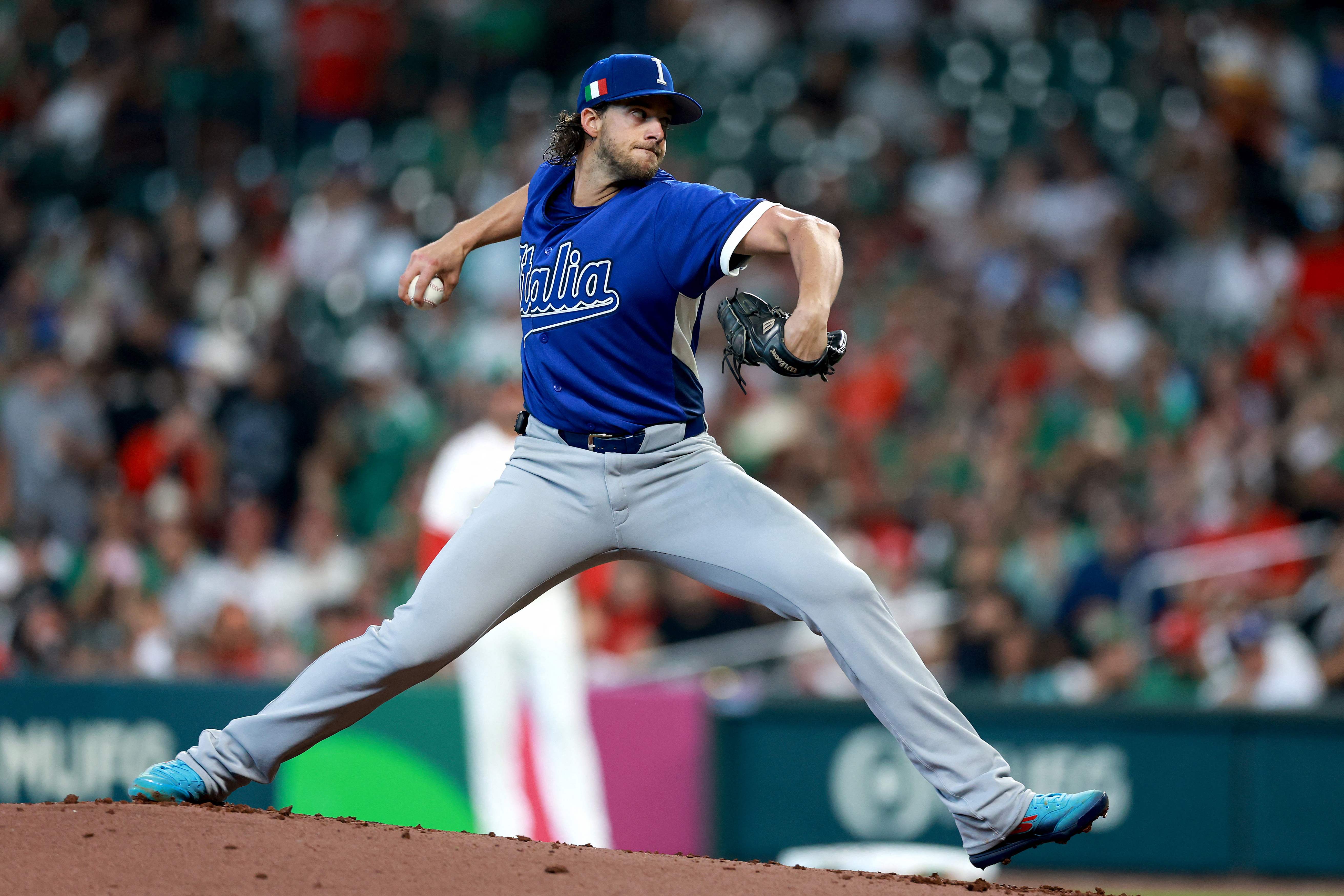 HOUSTON, TEXAS - MARCH 11: Aaron Nola #27 of the Italy pitches in the first inning against Mexico during the 2026 World Baseball Classic between Italy and Mexico at Daikin Park on March 11, 2026 in Houston, Texas. Kenneth Richmond/Getty Images/A...