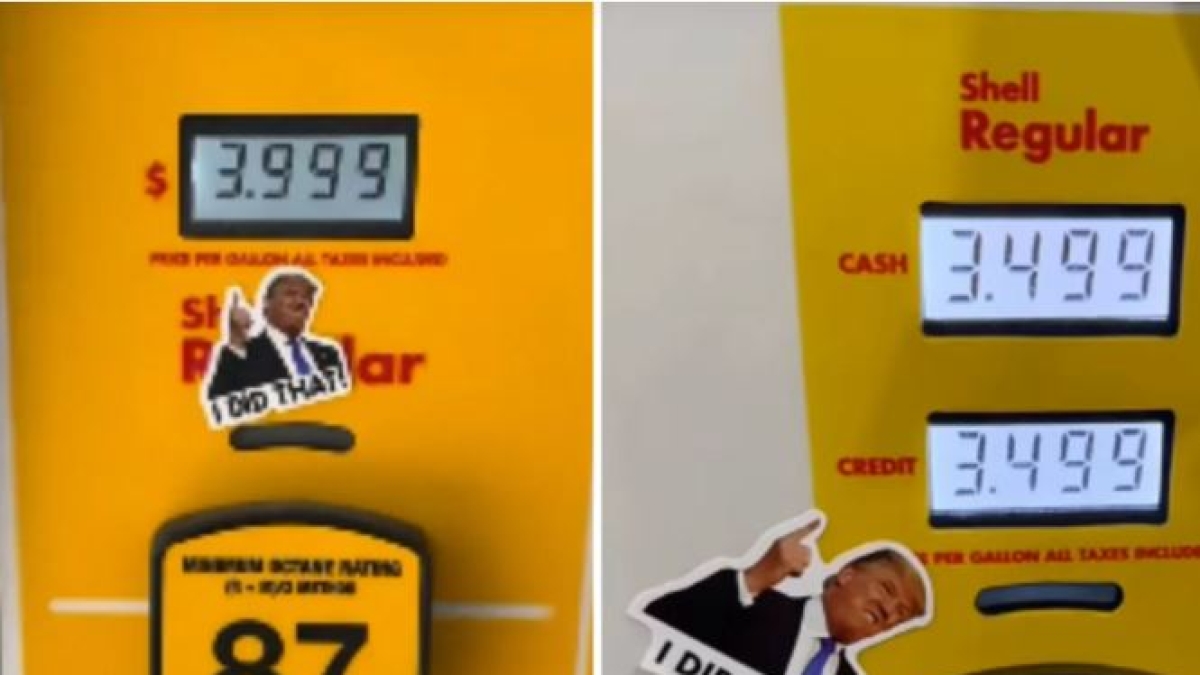 In America tornano gli adesivi «L'ho fatto io» sulle pompe di benzina: ma questa volta c'è il volto di Trump