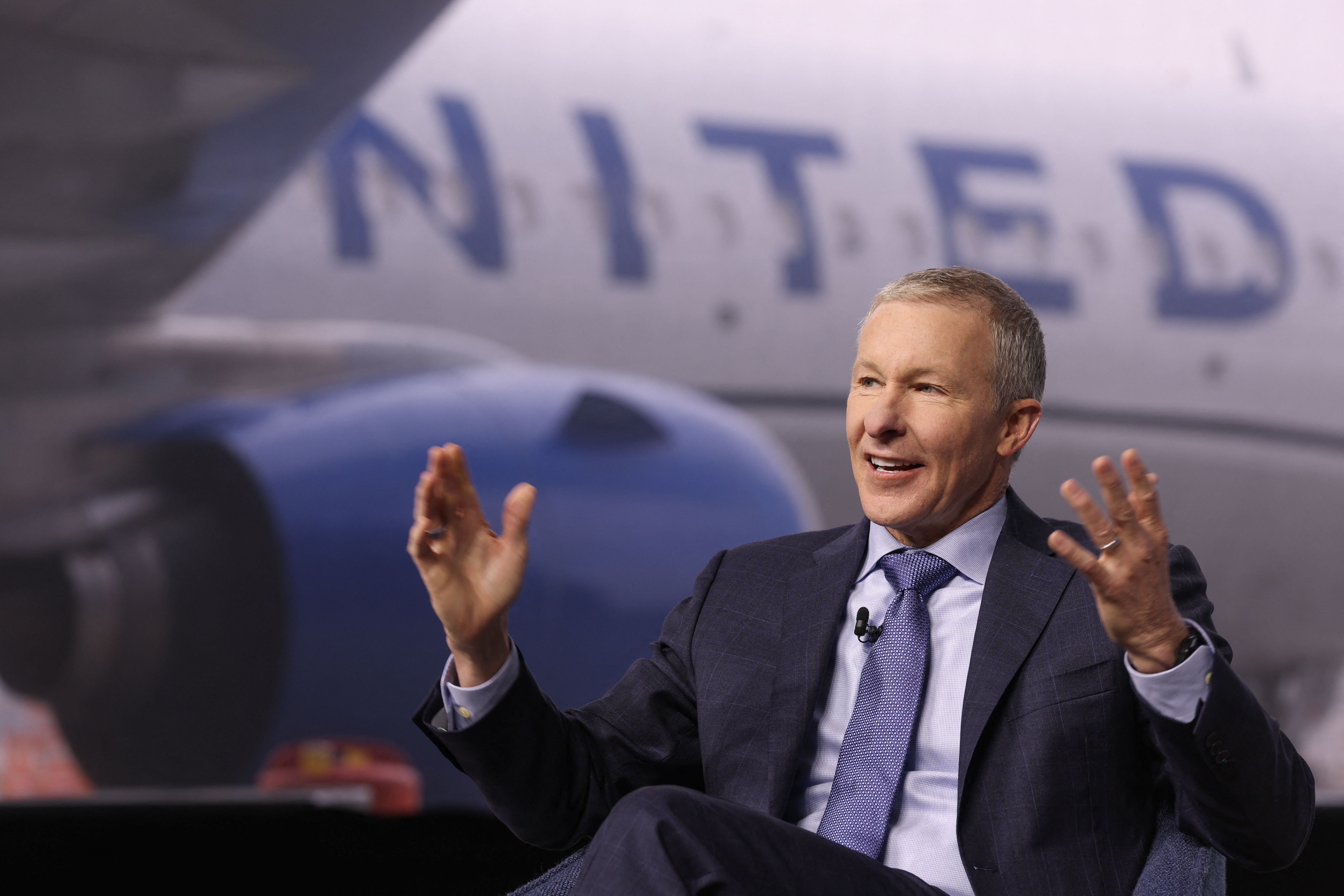 United Airlines CEO Scott Kirby speaks during a media event showcasing the airline's new premium "Elevated" aircraft interior at Los Angeles International Airport (LAX) in Los Angeles, California, on March 24, 2026. (Photo by Patrick T. Fallon / AFP)