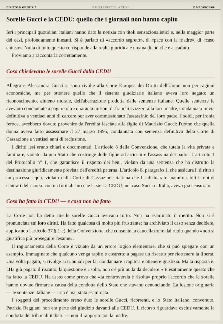 Allegra Gucci e l'accordo da 3,9 milioni di euro con la madre Patrizia Reggiani: «È stato come pagare un riscatto: chi ha ucciso ha incassato, chi ha perso il padre ha pagato»
