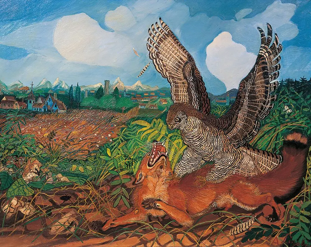 "Volpe con rapace", particolare dell'opera di Antonio Ligabue