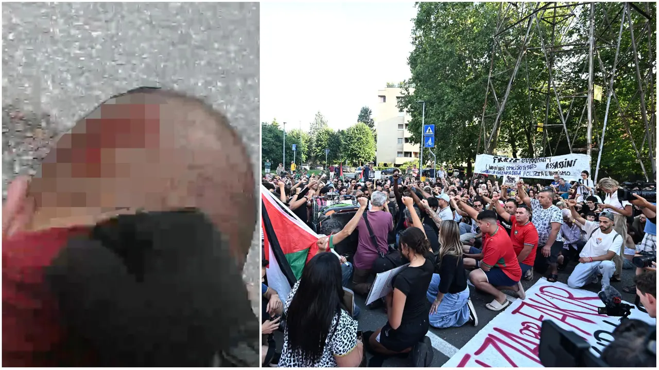 A sinistra un fermo immagine dove si vede la nuca ferita di Fakir. A destra la manifestazione al Pilastro di ieri, domenica 26 luglio
