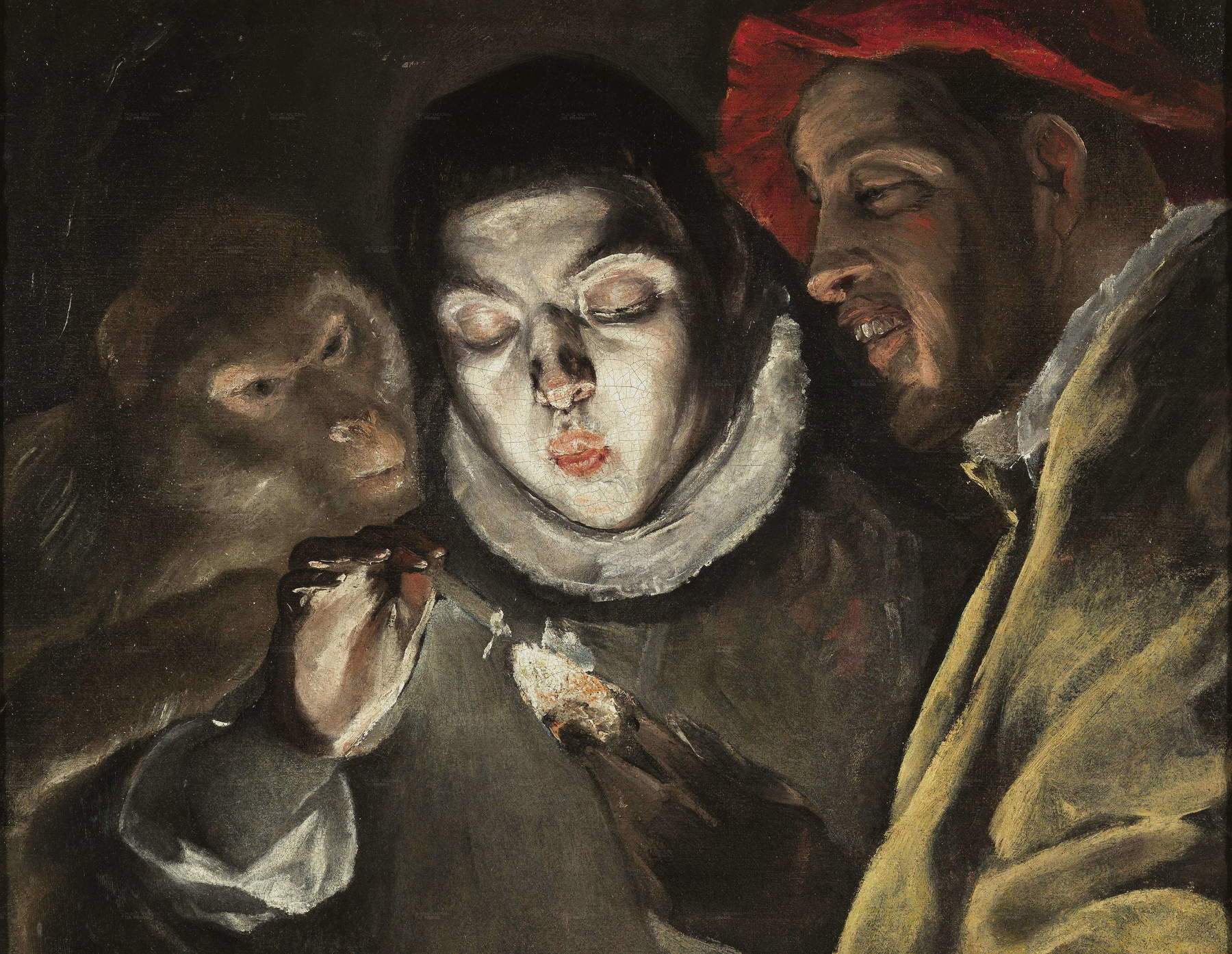 Fig. 7 – El Greco (Domenikos Theotokopoulos), Una fábula (1580 circa; olio su tela, 50,5 x 63,6 cm; Madrid, Museo del Prado). Il motivo del giovane che soffia sulle braci ardenti era già stato sviluppato da El Greco in Italia. Qui compare anche trarre ispirazione anche da un'opera classica molto diffusa all'epoca: la Naturalis Historia di Plinio il Vecchio. Gli effetti luminosi e i contrasti cromatici testimoniano l'influenza esercitata dai Bassano su El Greco, il quale potrebbe aver visto le loro opere a Venezia.