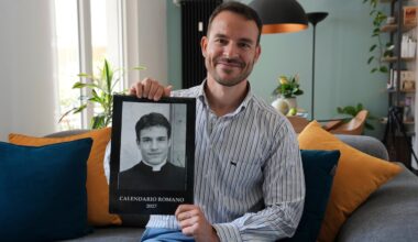 Giovanni Galizia posed with the 'Calendario Romano' calendar that has for two decades been a bestseller in Rome’s souvenir shops, at his home in Verona, Italy. "Managing to be sexy in a priest’s collar," said Galizia, "is no small feat.”