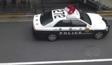 A police car parked on a city street in Japan.