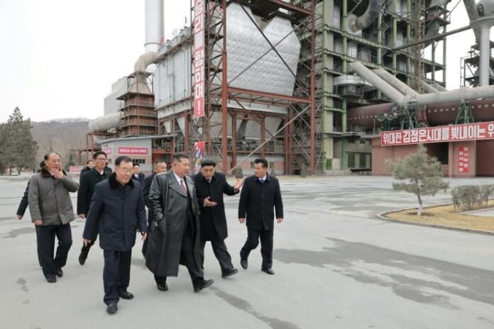 Kim Jong Un tours the Sangwon Cement Complex in North Hwanghae province on March 1, 2026