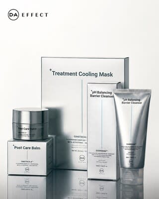 DA EFFECT's skincare lineup, featuring the Post Care Balm, Treatment Cooling Mask and pH Balancing Barrier Cleanser.