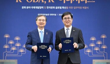 Foreign Minister Cho Hyun left and Culture Minister Choi Hwi-young pose for a photo after signing an agreement on cultural development cooperation and the global promotion of Korean culture at the National Museum of Modern and Contemporary Art in Seoul on Tuesday Courtesy of  Ministry of Foreign Affairs