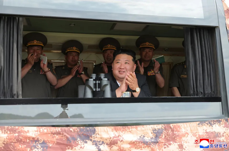 Kim Jong Un watches a weapons test at an undisclosed location (AP)