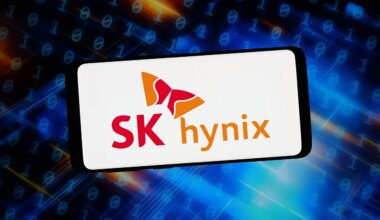 The logo of Korean semiconductor company SK Hynix Inc. is displayed on a smartphone. (Photo Illustration by Timon Schneider/SOPA Images/LightRocket via Getty Images)
