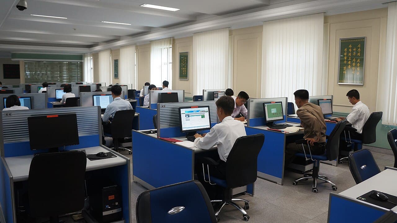 Students work at computers inside a computer center at Kim Il Sung University in Pyongyang