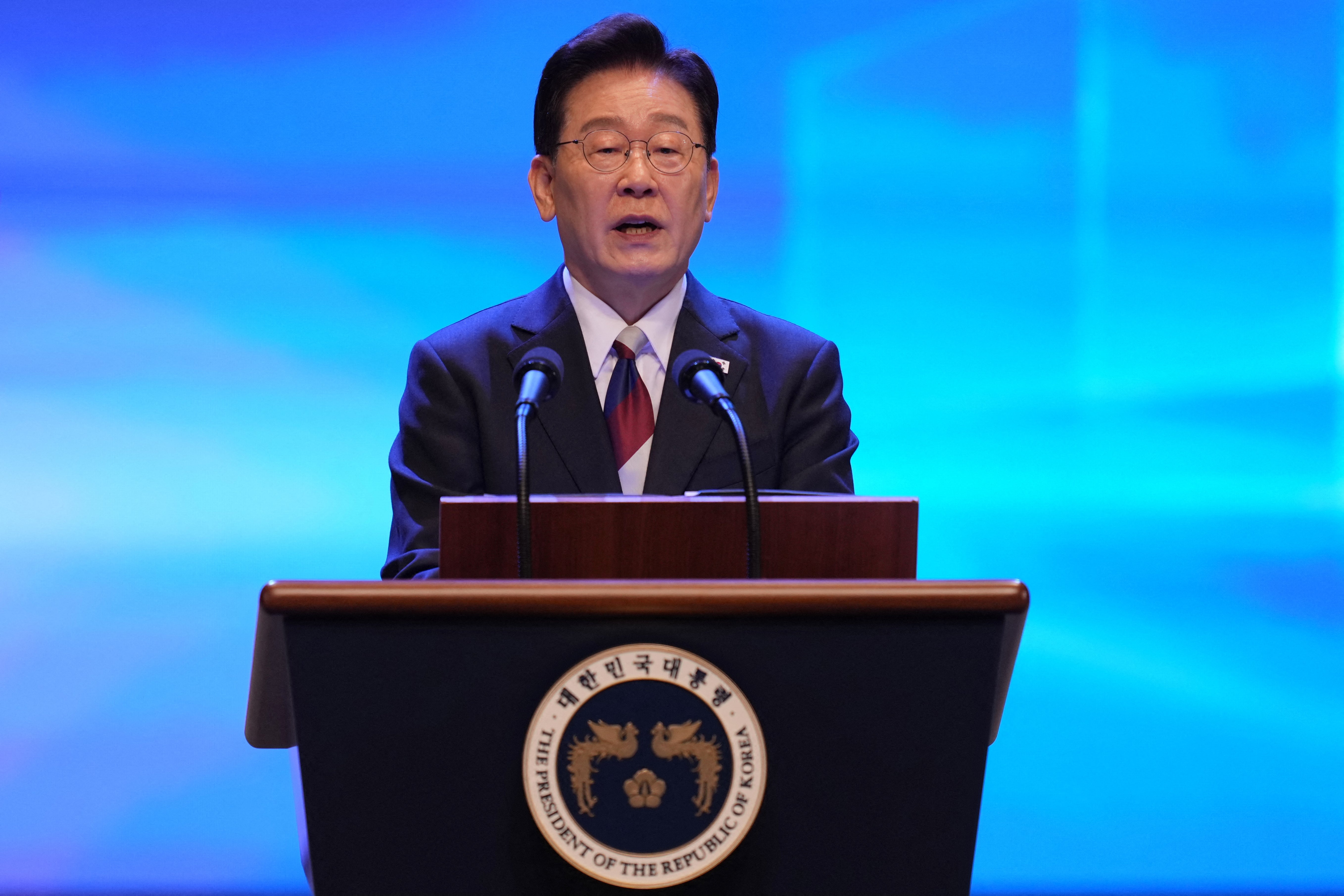 South Korean president Lee Jae Myung speaks during a ceremony to celebrate the 81st anniversary of the Korean Liberation Day in Seoul