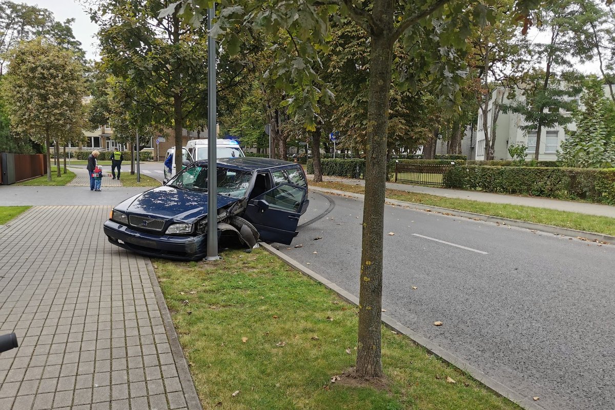 Kaune girtas vairuotojas rėžėsi į medį ir stulpą