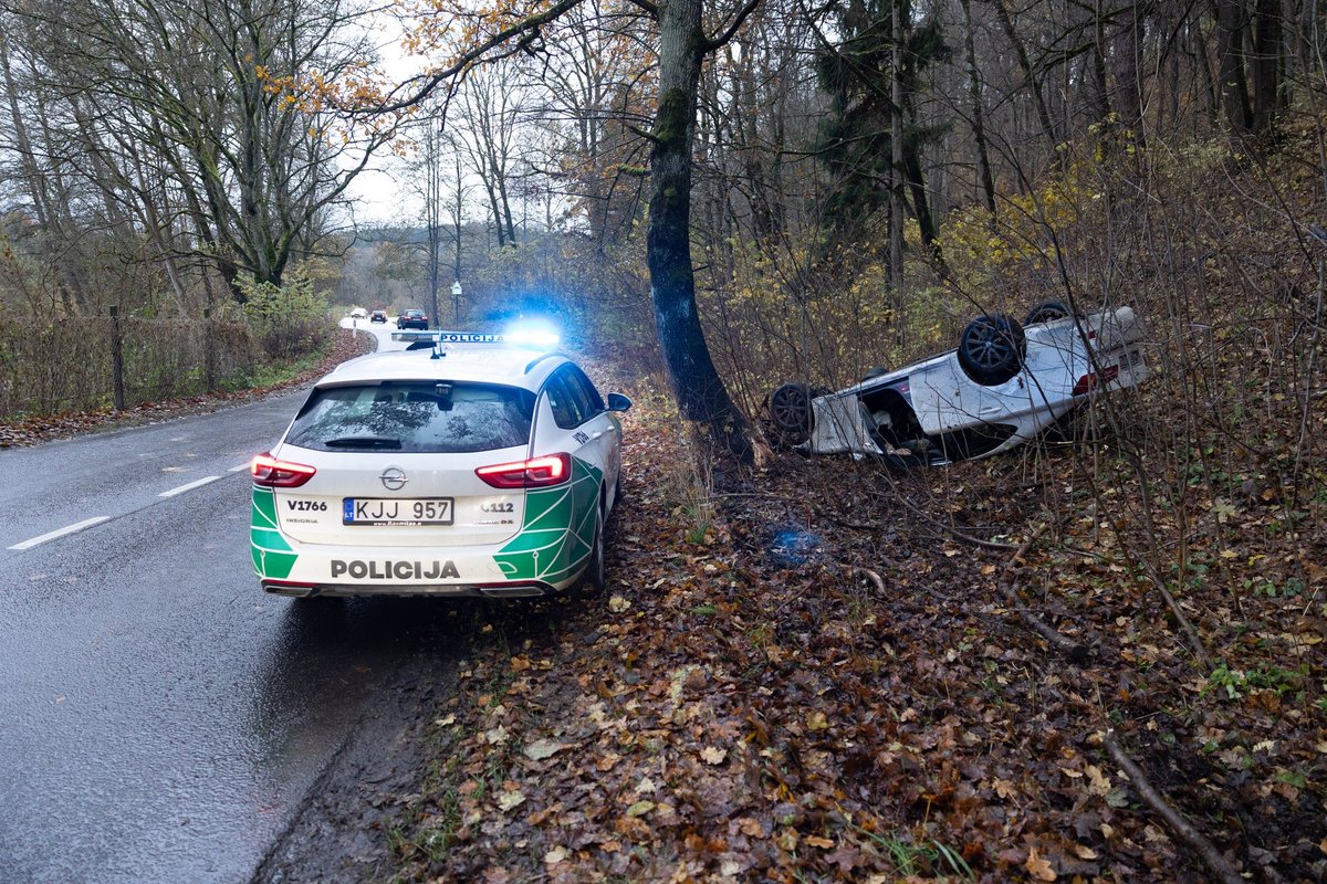 Vilniuje užfiksuota „Lexus“ avarija: lenkimas, smūgis į medį ir apsivertimas